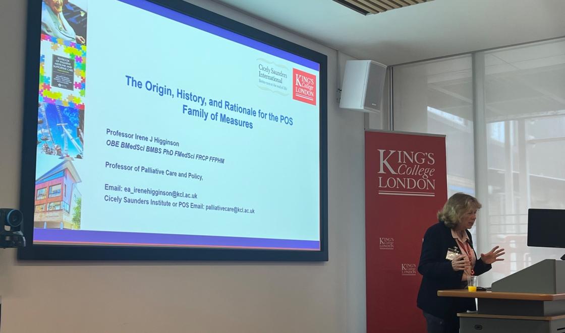 Prof Irene Higginson speaking at palliative outcome scale training event 