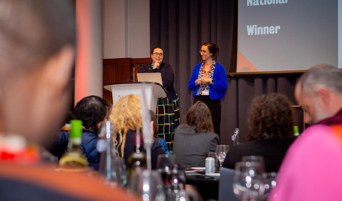 Abigail Easter and Kaat de Backer receiving their King's Engaged Researcher Award